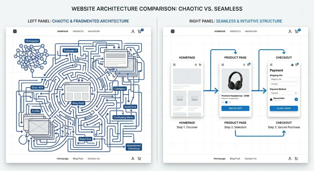 Comparativa visual de un flujo de usuario caótico versus una arquitectura web optimizada para la conversión.