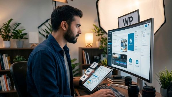 Imagen de editor senior subiendo contenido a WordPress con estrategia SEO