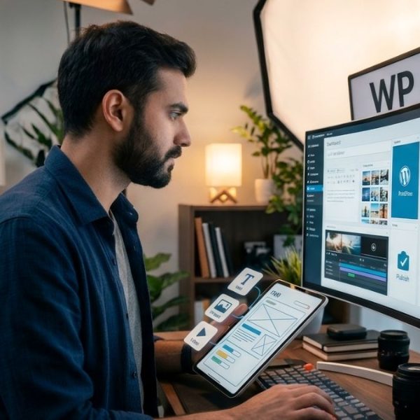 Imagen de editor senior subiendo contenido a WordPress con estrategia SEO