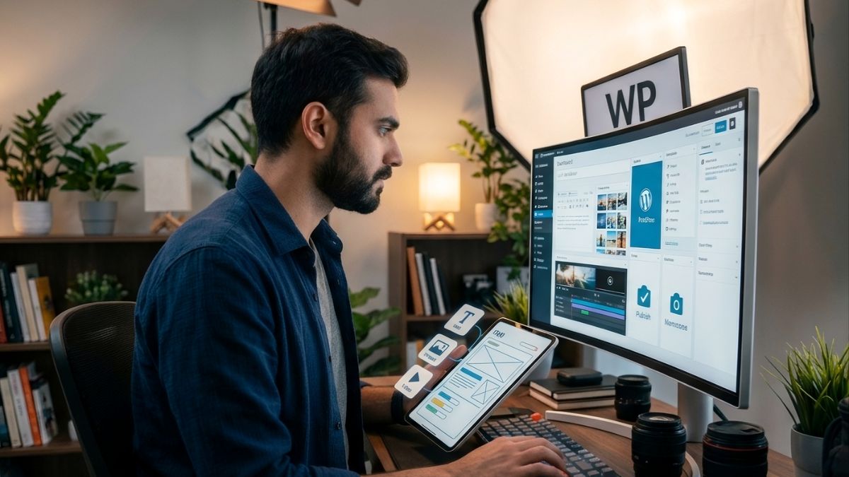 Imagen de editor senior subiendo contenido a WordPress con estrategia SEO