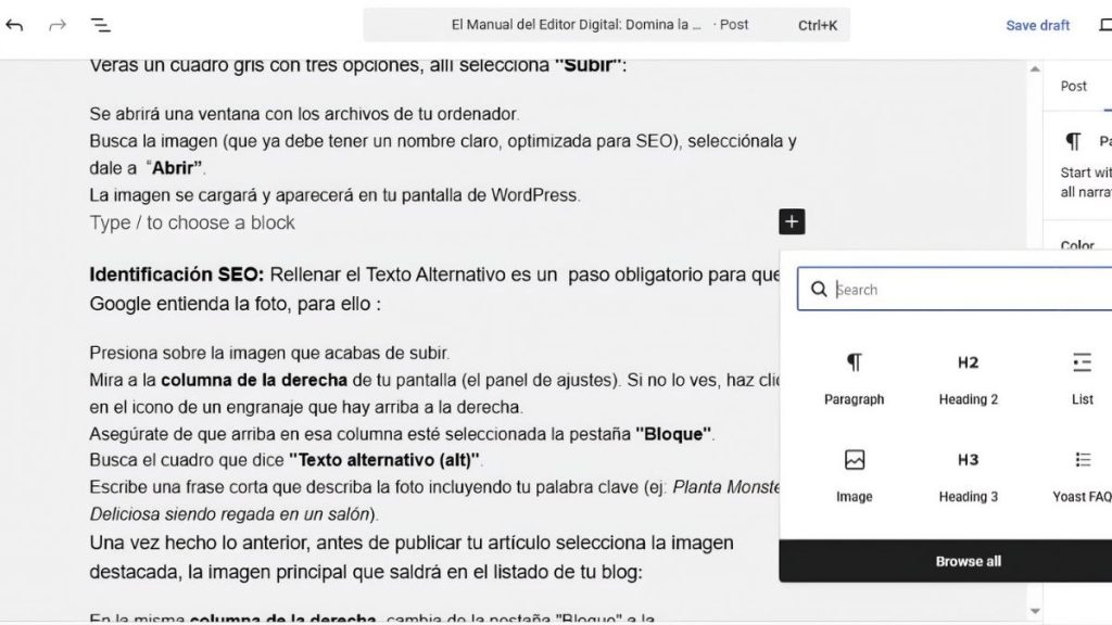 Imagen propia que ilustra en detalle cómo subir una imagen en una publicación de WordPress