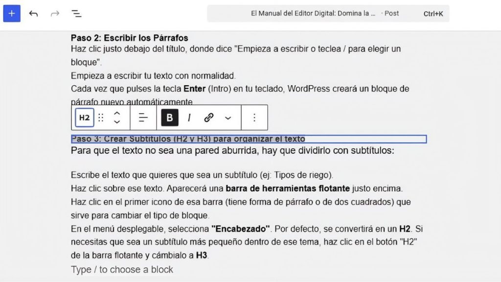 Imagen que muestra con detalles cómo colocar H2 y H3 en WordPress para una mejor experiencia de usuario