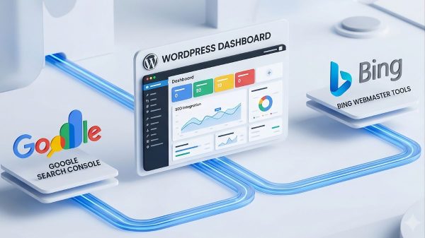 Esquema conceptual de la conexión de un sitio WordPress con los paneles de Google Search Console y Bing Webmaster Tools.