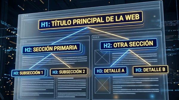 Diagrama conceptual de la jerarquía técnica de encabezados HTML para la optimización de páginas web.