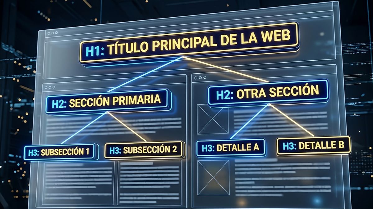 Diagrama conceptual de la jerarquía técnica de encabezados HTML para la optimización de páginas web.