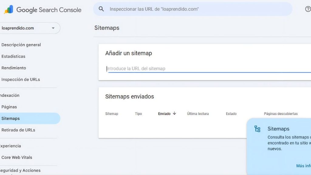Fotografía que muestra panel de Google Search Console para agregar el sitemap de un sitio web.