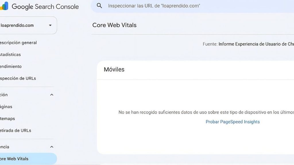 Imagen que muestra la sección de Google Search Console donde pueden verificarse las Core Web Vitals