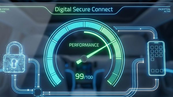 Gráfico de velocímetro digital representando la optimización técnica y velocidad de carga de un sitio web.