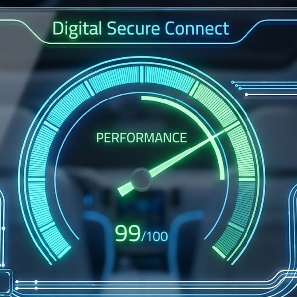 Gráfico de velocímetro digital representando la optimización técnica y velocidad de carga de un sitio web.